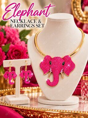 Hot Pink Rhinestone Elephant Necklace Earrings Set Gold Tone Statement Jewelry